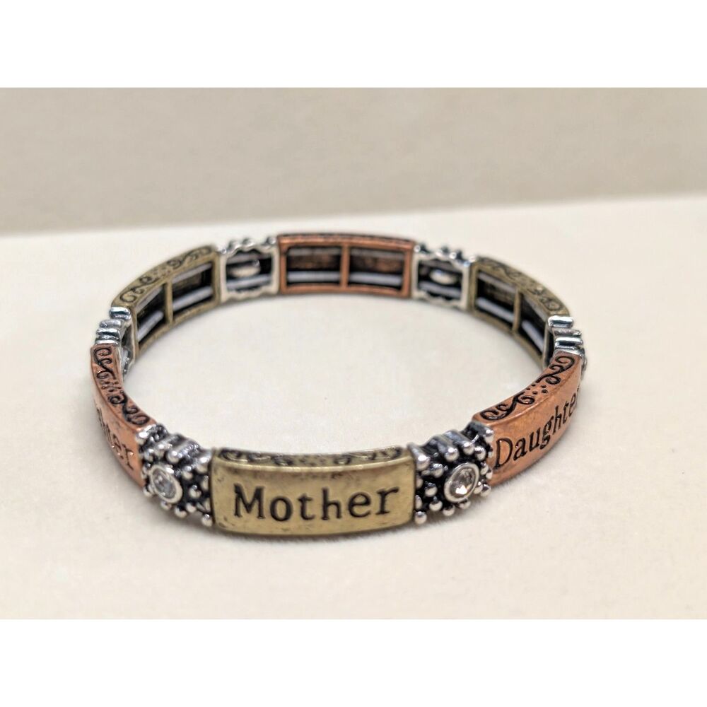 Mother Daughter Stretch Bracelet Family Silver Copper Brass Tone Rhinestone